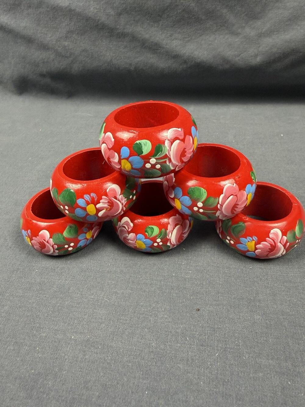 Set of 6 Vintage Red W/blue Lacquered Floral Hand-painted Wooden Napkin Rings